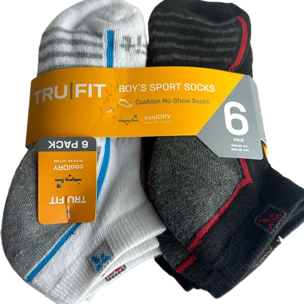 TruFit Boys Sport Socks: Cushion‎ No Show Socks, CoolDry Size 10-4 (6 pack)